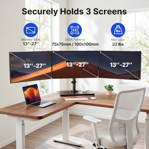 HUANUO Free Standing Triple Monitor Mount for 13-27 Inch Screens | Larger Tempered-Glass Base, Heavy Duty Thicker Steel, Tilt, Swivel, Rotation, Holds up to 22 lbs, VESA 75x75/ 100x100mm