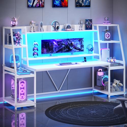 SEDETA 79'' Gaming Desk with LED Lights, Hutch and Storage Shelves, White - color: White, size: 78.8 inches