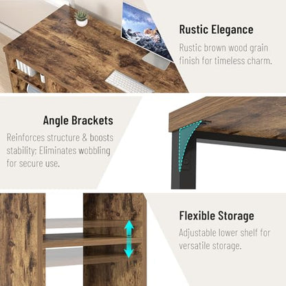 EXCEFUR Computer Desk for Home Office, Modern Writing Desk with Reversible Storage Shelves, Wood and Metal Gaming Study Table Workstations, 53 Inch, Rustic Brown - color: Brown