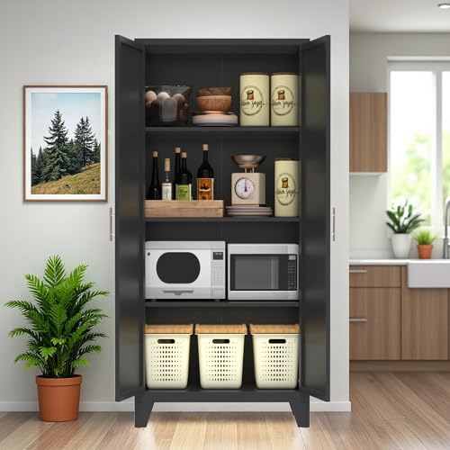 61'' Tall Metal Garage Storage Cabinet with Doors (Black) | Cabinets Adjustable Shelves,Heavy Duty Steel Pantry File Cabinet for Home Office, Kitchen ,School, Utility - color: 61''black
