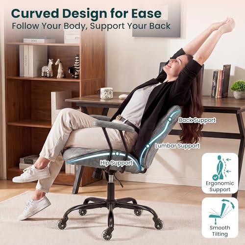 NEO CHAIR Leather Office Chair with Ergonomic Design, Swivel Chair, Grey | Modern Computer Desk Chair with Genuine Leather, Lumbar Support, Removable Arms, Comfy Chair for Home Office, Smooth Rolling - color: D. Mid-back Grey