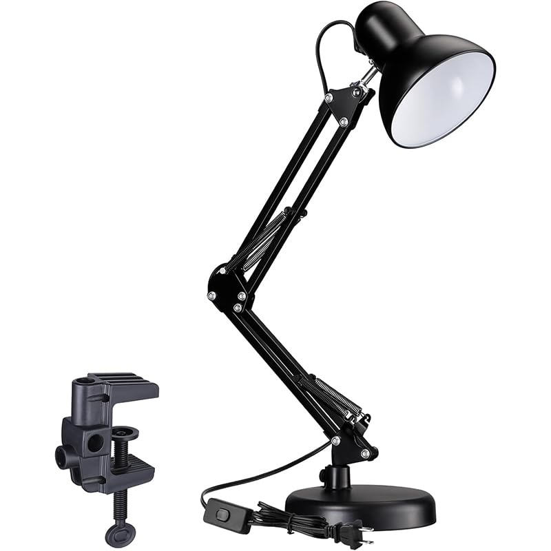 Adjustable Clamp Desk Lamp 24" Height, Swing Arm Architect Metal Table Lamp, Gooseneck and 360° Rotating Shade, E26 Base (Bulb NOT Included) Black Clip-On Light for Office, Study, Reading, Crafting