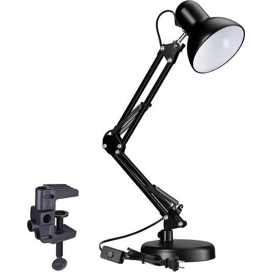 Adjustable Clamp Desk Lamp 24" Height, Swing Arm Architect Metal Table Lamp, Gooseneck and 360° Rotating Shade, E26 Base (Bulb NOT Included) Black Clip-On Light for Office, Study, Reading, Crafting