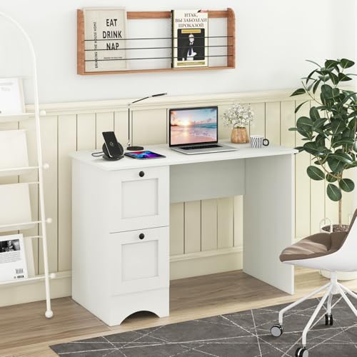 Tangkula White Desk with Drawers & Charging Station, Wooden Home Office Desk PC Laptop Notebook Desk, Compact Study Desk Writing Desk, Computer Workstation Ideal for Home & Office - color: White