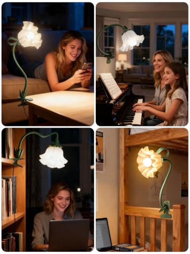 Clip on Light Flower Desk Lamp, LED Reading Light 3 Color Modes Eye-Caring Book Light Flexible Gooseneck Bedside Clip on Lamp for Desk Piano Office Bed Headboard Dorm (Green Lamp) - color: Green Lamp
