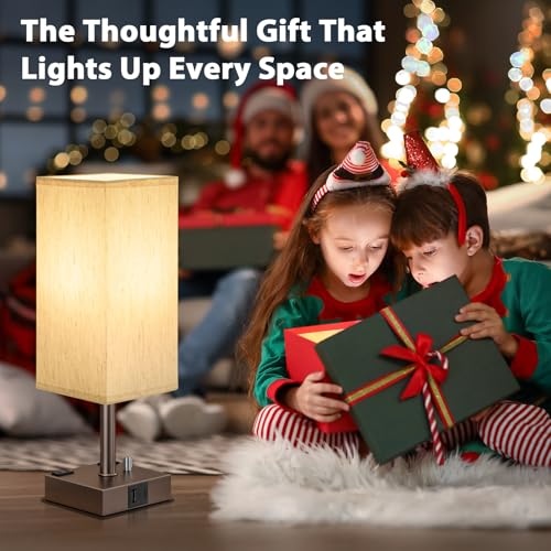 Brown Bedside Table Lamps Set of 2 - Dimmable, USB C+A, 2 AC Outlets | Stepless Dimmable by Rotary Knob, 3000K LED Bulbs Included, Square Cream Linen Shade, Nightstand Lamp for Living Room, Desk - color: Brown