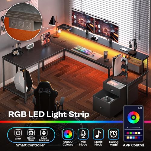 PRAISUN 66" L Shaped Gaming Desk with LED Lights & Power Outlets - color: Black
