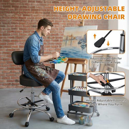 Wufuuoa Drafting Chair with Backrest, Height Adjustable Rolling Stool with Footrest Ring, Faux Leather Thick Cushion Office Stool, Heavy Duty 250lbs Capacity for Workshop Garage Salon Kitchen Black