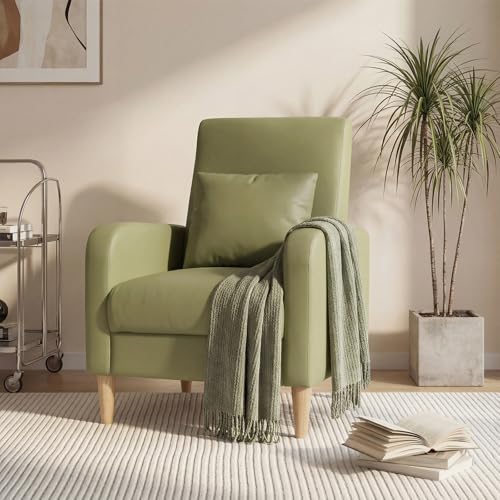 COLAMY Mid-Century Modern Accent Chair, Faux Leather Upholstered Living Room Chair with Back Pillow & Solid Wood Legs, Comfy Armchair for Living Room, Bedroom, Single Sofa, Light Green - color: Light Green, size: Set of 1