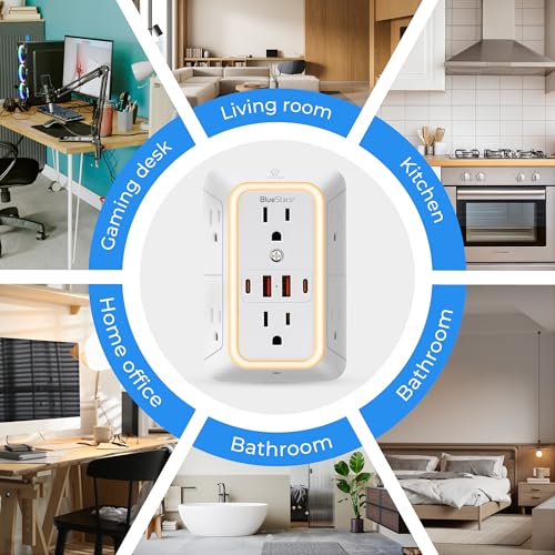 Wall Mount Power Strips Wall Charger 6 Outlet Extender 4 USB Ports (5V, 2.4A, 12W) and Night Light 3-Sided Power Strip with Adapter Spaced Outlets - Multi Plug Outlet Surge Protector for Home Office - color: White