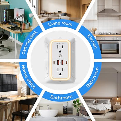 Wall Mount Power Strips Wall Charger 6 Outlet Extender 4 USB Ports (5V, 2.4A, 12W) and Night Light 3-Sided Power Strip with Adapter Spaced Outlets - Multi Plug Outlet Surge Protector for Home Office - color: White