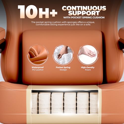 GTPLAYER Big and Tall Gaming Chair 400lbs Heavy Duty Office Chair with Footrest, High Back Pocket Spring Ergonomic Computer Chair for Adults, Wide Seated Cushion with Linkage Armrests,Leather Orange - color: Dark Orange
