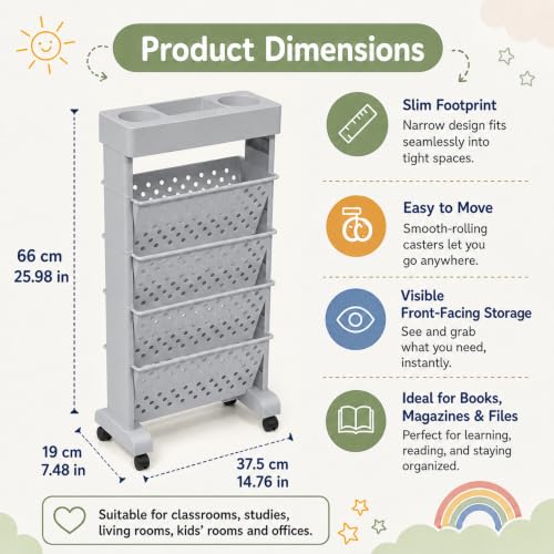 5-Tier Rolling Bookshelf Cart with Wheels, Gray - color: Grey, size: 5-Tier 26"H