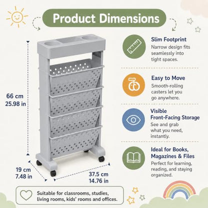 5-Tier Rolling Bookshelf Cart with Wheels, Gray - color: Grey, size: 5-Tier 26"H
