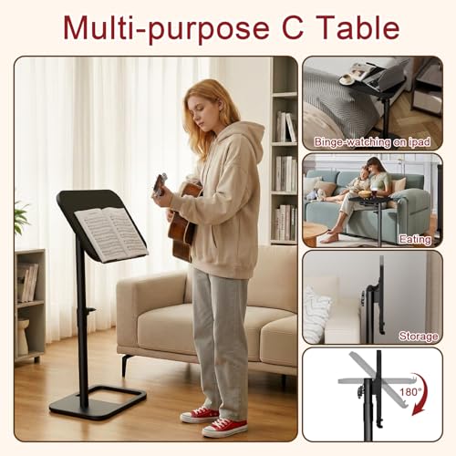 GOYLSER TV Tray Table Adjustable Height, Flip-Top, Snack Side Table with 360° Swivel and 180° Tilt, C Shaped End Table for Couch, Sofa, Dinner Eating and Recliner (Black) - color: Black, style: Angle Tilt