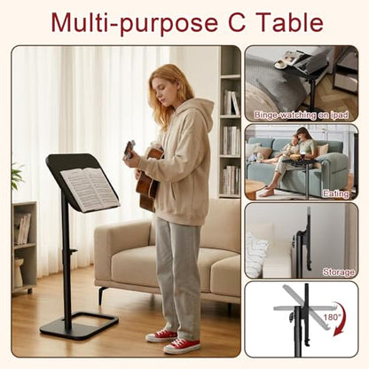 GOYLSER TV Tray Table Adjustable Height, Flip-Top, Snack Side Table with 360° Swivel and 180° Tilt, C Shaped End Table for Couch, Sofa, Dinner Eating and Recliner (Black) - color: Black, style: Angle Tilt