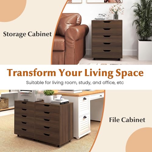 Giantex 5-Drawer Vertical File Cabinet, Mobile Office Storage Cabinet with Drawers, Large Capacity, 2 Lockable Casters and Universal Wheels, Under Desk Side Printer Stand Rolling File Cabinet (Walnut) - color: Walnut