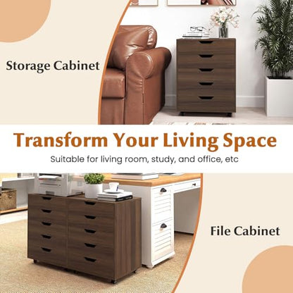 Giantex 5-Drawer Vertical File Cabinet, Mobile Office Storage Cabinet with Drawers, Large Capacity, 2 Lockable Casters and Universal Wheels, Under Desk Side Printer Stand Rolling File Cabinet (Walnut) - color: Walnut