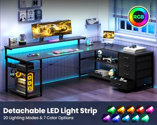 AODK 69" L Shaped Computer Desk with 4 Drawers, LED Lights, Black - color: Black, size: 69 inches