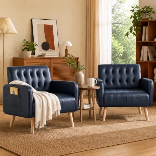 Leather Accent Chair Set of 2, Living Room Chair with Wooden Legs (Blue) | CHYMSUN, Mid-Century Modern, Tufted Backrest, Side Pocket, Cozy, Comfy Armchair, Office, Living Room, Waiting Room - color: Blue, size: 2