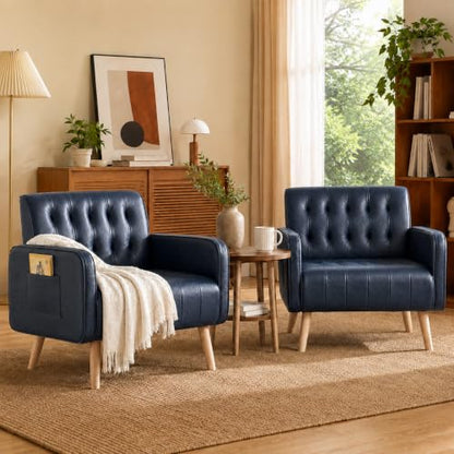 Leather Accent Chair Set of 2, Living Room Chair with Wooden Legs (Blue) | CHYMSUN, Mid-Century Modern, Tufted Backrest, Side Pocket, Cozy, Comfy Armchair, Office, Living Room, Waiting Room - color: Blue, size: 2