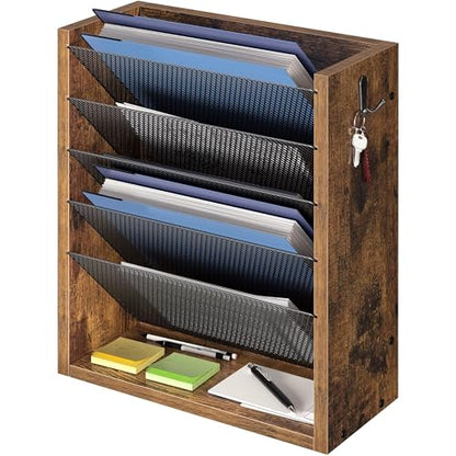 Mail Organizer Wall Mounted, 6-Slot Hanging File Organizer with Key Holder - color: Rustic Brown （wall Mount）