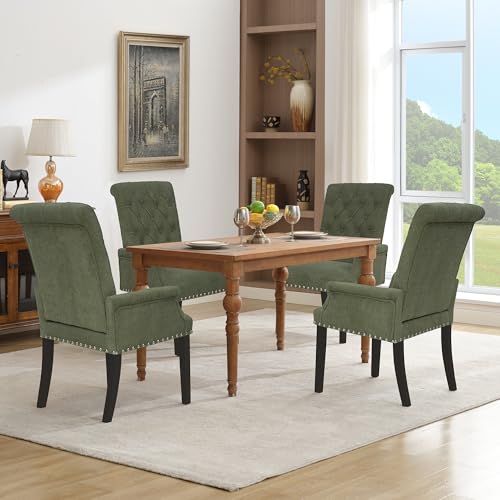 LOULENS Linen Dining Chair with Arms, Tufted Dining Room Chairs, Green | Solid Wood Legs, Nailhead Trim, Accent Chair, Kitchen Chair - color: Dark Green, size: 1 PCS