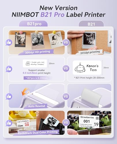 NIIMBOT B21 Pro Label Maker, 300DPI Support Red-Black Printing, Purple | Thermal Label Printer for Home Organization, Craft, Photo Print, Study Graphics, Scrapbook, Come with 1 Roll 50*30mm Tapes - color: Purple