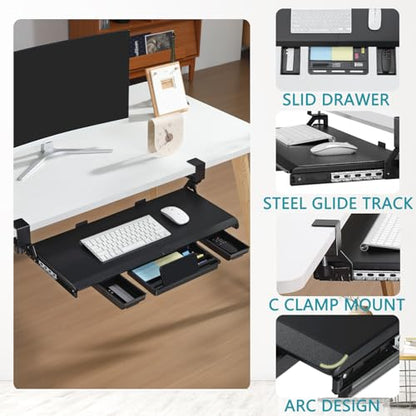 ETHU Keyboard Tray Under Desk, Pull Out Keyboard & Mouse Tray with C-clamp, Ergonomic Desk Keyboard Tray Slide Out, Pull Out Platform Drawer for Home and Office（Black） - color: Black
