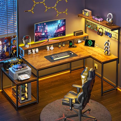 DurayLoly 56" L Shaped Desk with LED Lights,Power Outlets for Gaming Room | LED Light and Integrated Power Outlets; Deliver Gaming Lighting and Easy Device Charging for Bedroom Daily Use,Rustic Brown - color: Brown, size: 56inch