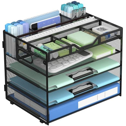Docnest 5 Tier Mesh Desk Organizer with Removable Tray&Pen Holder, Black - color: Black, size: 12.6"x9.1"x10.3"