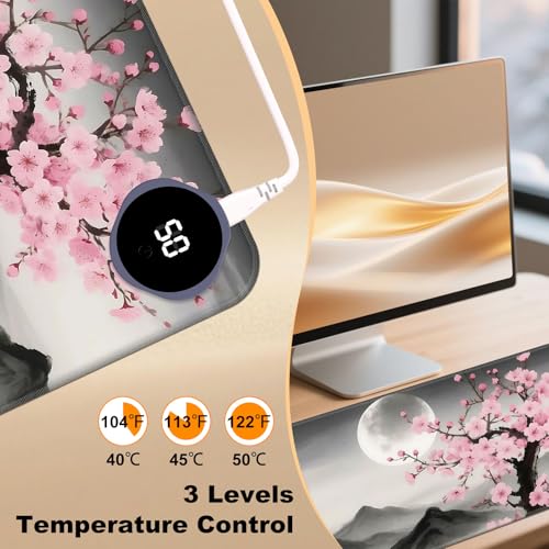 Heated Desk Pad 23.6" x 14.2" 3 Large Heated Mouse Pad with Heat Levels (40°C/45°C/50°C) & 3H Auto Shut-Off Desk Mat Fast Heating PU Leather Warmer Mousepad for Home Office - Cherry Blossom and Moon - color: Cherry Blossom and Moon, size: 23.6 x 14.2 inch