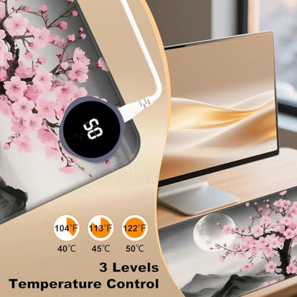 Heated Desk Pad 23.6" x 14.2" 3 Large Heated Mouse Pad with Heat Levels (40°C/45°C/50°C) & 3H Auto Shut-Off Desk Mat Fast Heating PU Leather Warmer Mousepad for Home Office - Cherry Blossom and Moon - color: Cherry Blossom and Moon, size: 23.6 x 14.2 inch