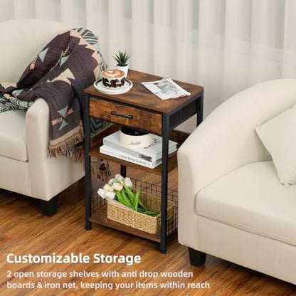 Lerliuo End Table with Fabric Drawer,3 Tier Industrial Wood Side Table with Storage,Modern Tall Printer Stand,Vintage Brown Nightstand,Rustic Bedside Tables for Living Room Bedroom Small Spaces | Three-tier printer stand with fabric drawer and two shelves