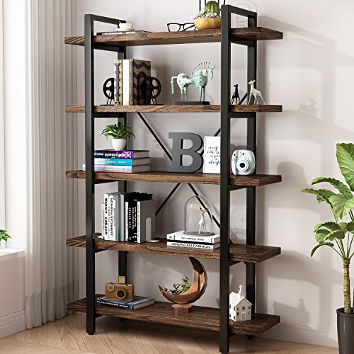 5-Tier Industrial Style Solid Wood Bookcase and Book Shelves,Rustic Wood and Metal Shelving Unit， Living Room,Modern Rustic Open Industrial Book Shelf Office,Distressed Brown (AY-02-5Tier) - size: 5Tier