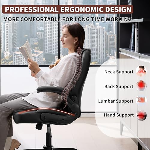 Leather Office Chair Swivel Lumbar Support for Short People Black - color: Black