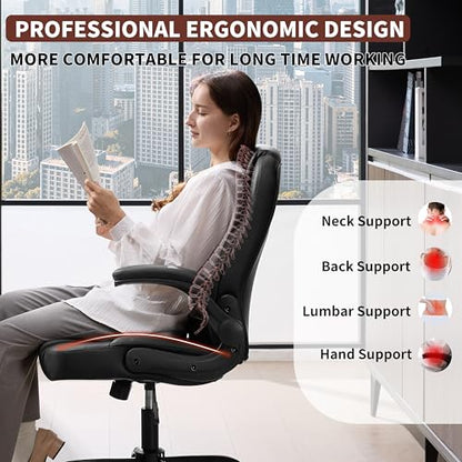 Leather Office Chair Swivel Lumbar Support for Short People Black - color: Black