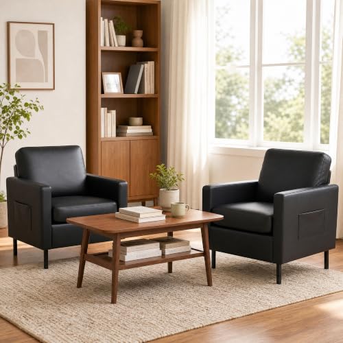 Mid Century Black Leather Mordern Accent Chairs Set of 2 for Living Room | AODAILIHB Cloud Small Sofa With 2 Side Pockets Thick Cushion, Comfy Couch with Metal Leg for Office/Waiting Room/Bedroom/Dorm - size: 2 chairs