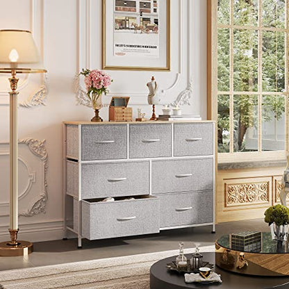 WLIVE 7 Drawer Dresser TV Stand, Entertainment Center, Media Console Table with Metal Frame and Wood Top for TV up to 45 inch, Chest of Drawers for Bedroom, Living Room, Light Grey - color: Light Grey