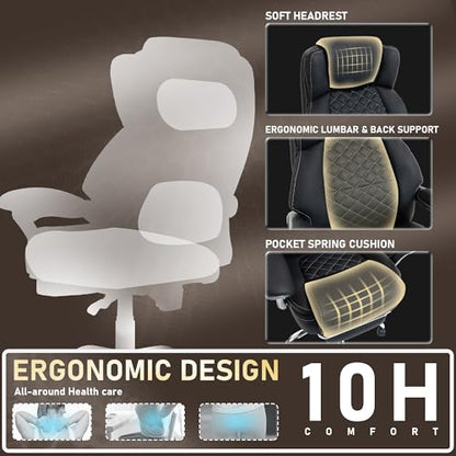 500 lbs Office Chair with Foot Rest, Reclining Executive Chair Black | Big & Tall Computer Desk Chair, PU Ergonomic Lumbar Support, Thicker Pocket Spring Cushion, High Back - color: Black
