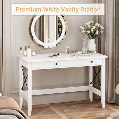 JSB 43.3 Inch White Computer Desk with 2 Drawers for Home Office Bedroom - color: White, size: 43.3 inch