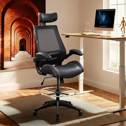 BOLISS Leather Drafting Chair Ergonomic Tall Office Chair - color: Black Leather Mesh Back, size: BLS-2818HD