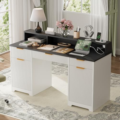Office Desk MDF, Power Outlets, Monitor Stand, White/Black | MDF desk, built-in power outlets, raised monitor stand, keyboard pull-out, file cabinet drawers, home office