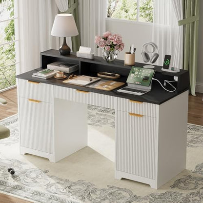 Office Desk MDF, Power Outlets, Monitor Stand, White/Black | MDF desk, built-in power outlets, raised monitor stand, keyboard pull-out, file cabinet drawers, home office