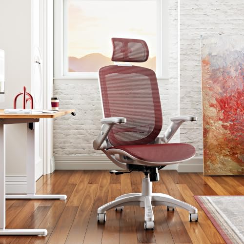 GABRYLLY Ergonomic Office Chair, High Back Home Desk Chair with 2D Flip-Up Arms, 3D Headrest, 90-120° Tilt and Wide Cushion, Big and Tall Mesh Chairs for Man Woman, Computer Task Chair Red - color: White Frame Red Mesh