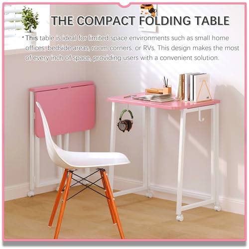 4NM 23.6" Mobile Small Folding Desk, Foldable Rolling Computer Home Office Desk, Study Writing Table for Small Space Saving Bedroom, with Wheels - Pink and White - color: Pink and White, size: 23.6"W x 15.7"D