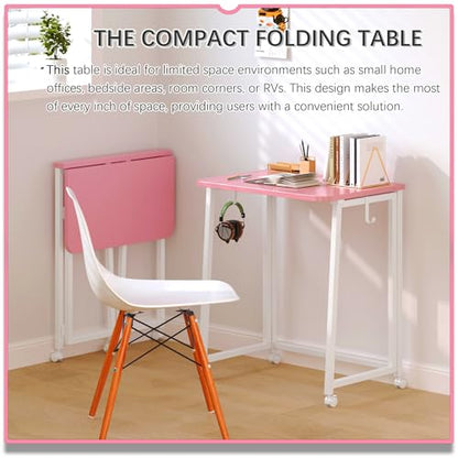 4NM 23.6" Mobile Small Folding Desk, Foldable Rolling Computer Home Office Desk, Study Writing Table for Small Space Saving Bedroom, with Wheels - Pink and White - color: Pink and White, size: 23.6"W x 15.7"D