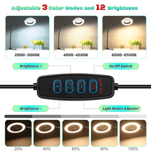 10X Magnifying Glass with Light and Stand,Hands Free Clip on Magnifier Lamp - color: Black