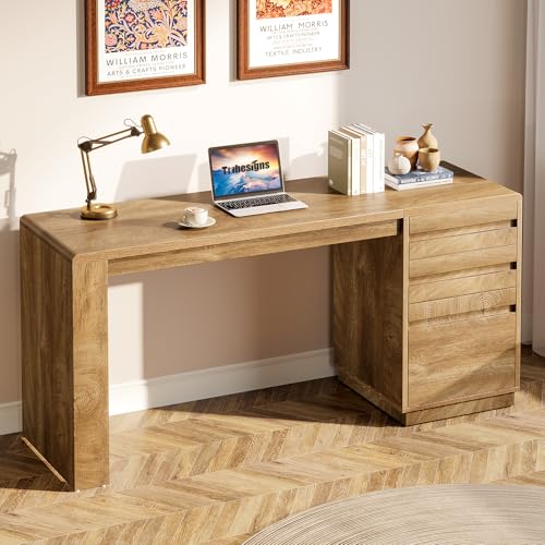 Tribesigns 55-Inch Computer Desk with 3 Drawers, Farmhouse Home Office Desk with Adjustable File Cabinet, Study Table Office Workstation, Walnut Brown