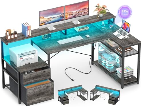 Aheaplus L Shaped Desk with File Drawer, Reversible L Shaped Gaming Desk | Computer Desk with Power Outlet & LED Strip, Home Office Desk Corner Desk with Monitor Shelf, Storage Shelves, Black Oak - color: Black Oak